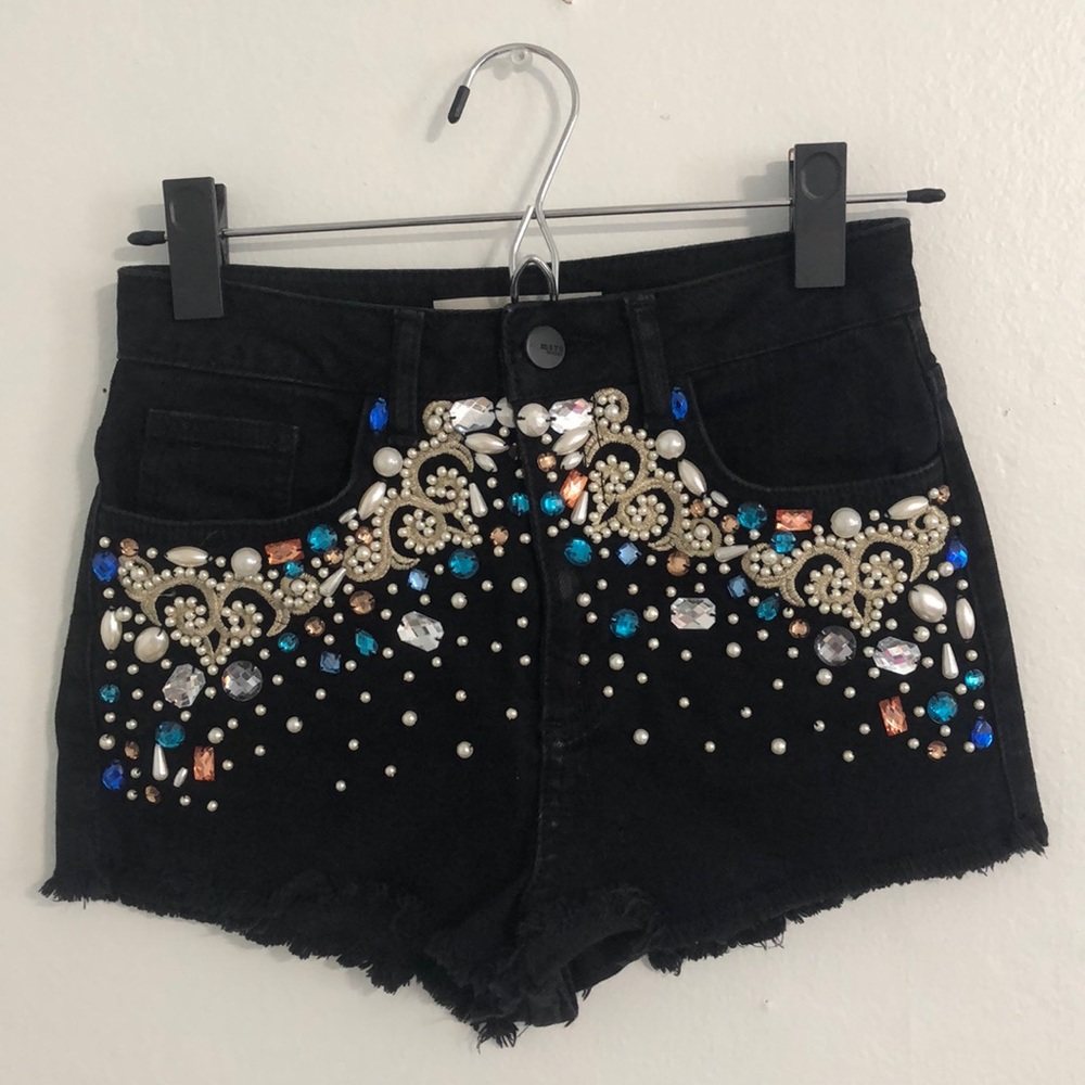 TopShop Jewel Embellished Black Denim Shorts W25